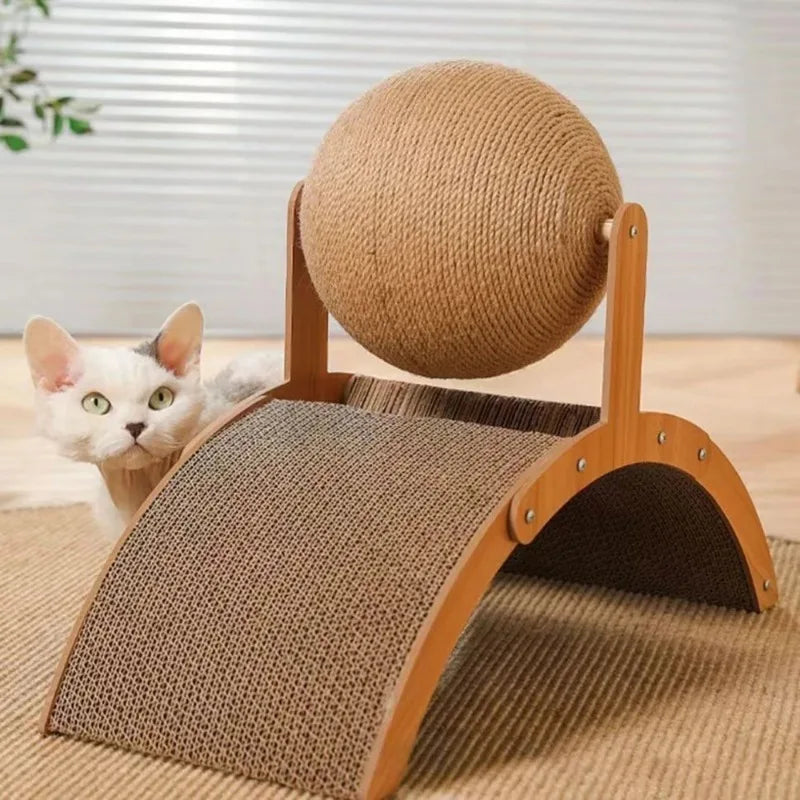 2-in-1 Cat Scratching Ball & Sisal Board – Solid Wood, Durable, Fun & Furniture-Protecting!
